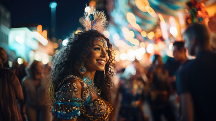 Joyful woman in vibrant carnival costume with feathers. Radiant smile of a woman in a feathered carnival headdress. Caribbean Carnival adn Happiness in the street.Carnival queen in sparkling attire wi - obrazy, fototapety, plakaty