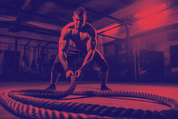 An athletic man intensely works out with battle ropes at a gym, demonstrating strength and focus. The determination on his face underlines a powerful exercise session. - obrazy, fototapety, plakaty