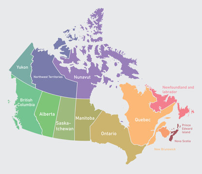 Map of Canada divided into 10 provinces and 3 territories. Administrative regions of Canada. Multicolored map with labels. Vector illustration.