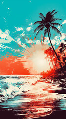 Tropical seaside landscape with views of the beach, sky, silhouettes of palm trees and a bright sunrise. Illustration. Poster art. Minimalism.