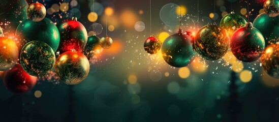 Fototapeta na wymiar The abstract background with its blurred winter scenery is adorned with vibrant green circles and pops of festive red from Christmas lights and decorations while yellow Christmas balls and 