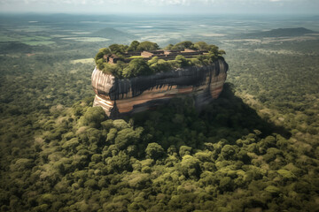 Sri Lanka drone view. Sigiriya Rock or Sinhagiri is ancient rock fortress in northern Matale District, town of Dambulla in Ceylon, North Central Province, UNESCO world heritage. Jungle in Sri Lanka. - obrazy, fototapety, plakaty