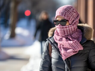 Winter Woman Dressed in Cozy Attire Walks Snowy City Streets