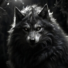 The black and white image of a furry werewolf in the moonlight .Generative Ai
