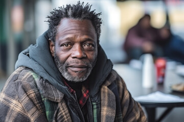 Obraz premium Portrait of old African American homeless man sitting on street. Poverty, misery, bankruptcy, homelessness, crisis, social welfare concept
