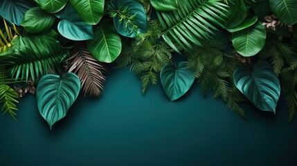 Fototapeta na wymiar Top view tropical leaves on vibrant background. Summer flat lay composition.