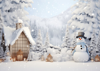 Christmas Photography Backdrop, Idyllic winter Wonderland Background with Snowman, Fir Trees, lanterns, small shack, snowflakes, candles, copy space