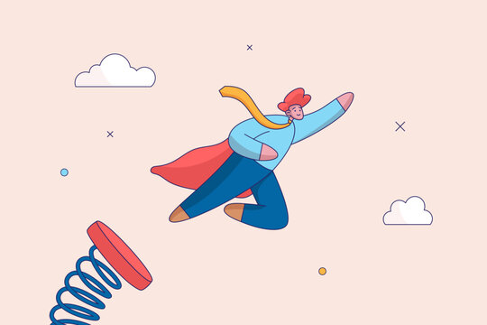 Leadership concept. Boost up your business growth. Confident businessman jumping springboard up high in sky. Improvement, career path or job promote to higher position, career ladder, equality.