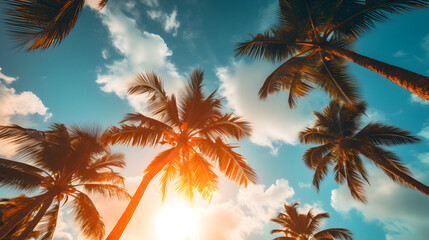 Fototapeta na wymiar Blue sky and palm trees view from below. AI Generative