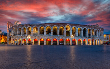 Verona amphitheatre at night. Roman Arena in Verona, Italy