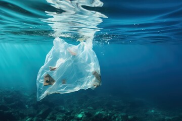 Plastic waste underwater, a plastic bag in the sea - obrazy, fototapety, plakaty