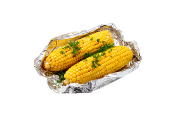 Foiled baked corn isolated on transparent and white background