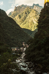 Fototapeta na wymiar aguas calientes at Machu Picchu at sunset