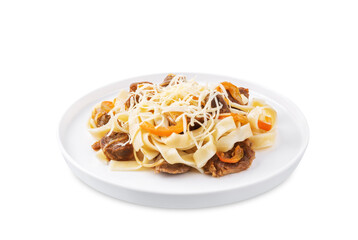 Beef slices pasta with onion and pepper in a plate on a white isolated background
