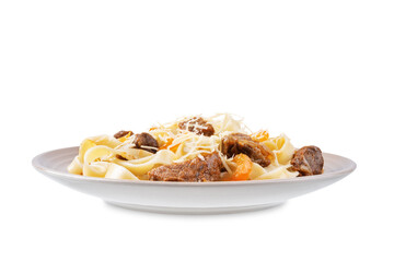 Beef slices pasta with onion and pepper in a plate on a white isolated background