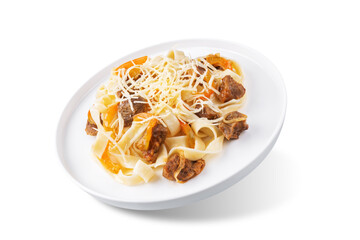 Beef slices pasta with onion and pepper in a plate on a white isolated background