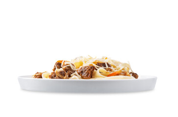 Beef slices pasta with onion and pepper in a plate on a white isolated background