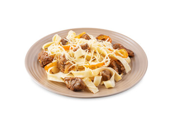 Beef slices pasta with onion and pepper in a plate on a white isolated background