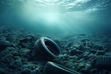 Pollution environmental problem in ocean. Old tyres dumped in sea - obrazy, fototapety, plakaty