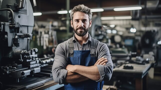 Focused mechanical engineer in a workshop, wearing a protective apron, using tools and machinery. Determined expression, hands-on approach, precision, and expertise. Industrial engineering