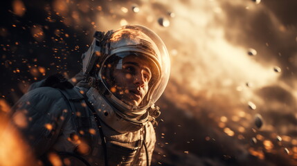 Portrait of an astronaut in a helmet close-up, sci-fi atmosphere. Male cosmonaut - obrazy, fototapety, plakaty