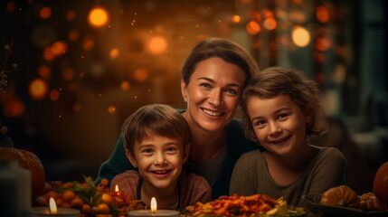 Obraz na płótnie Canvas Family celebrates Thanksgiving and harvest festival. Happy faces and smiles. Warm autumn day