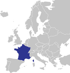 Blue CMYK national map of FRANCE inside simplified gray blank political map of European continent on transparent background using Mercator projection