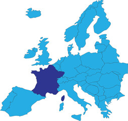 Dark blue CMYK national map of FRANCE inside simplified blue blank political map of European continent on transparent background using Peters projection