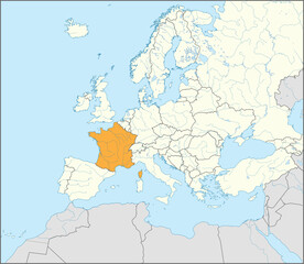 Fototapeta premium Orange CMYK national map of FRANCE inside detailed beige blank political map of European continent with rivers and lakes on blue background using Mercator projection