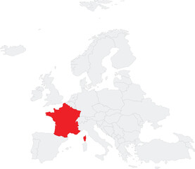Red CMYK national map of FRANCE inside gray blank political map of European continent on transparent background using Robinson projection