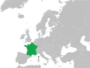 Green CMYK national map of FRANCE inside detailed gray blank political map of European continent with lakes on transparent background using Mercator projection