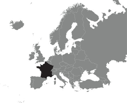 Black CMYK national map of FRANCE inside detailed gray blank political map of European continent on transparent background using Mercator projection