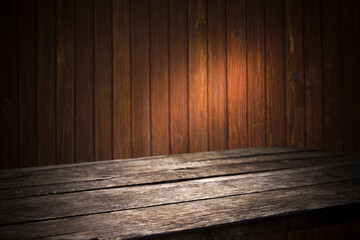 Wooden empty table, with background for mounting your product
