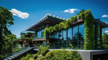 Fototapeta na wymiar Glass building house covered by green ivy with blue sky