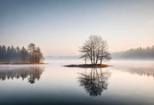long exposure photo of a lake in fogging winter morning light. generative ai
