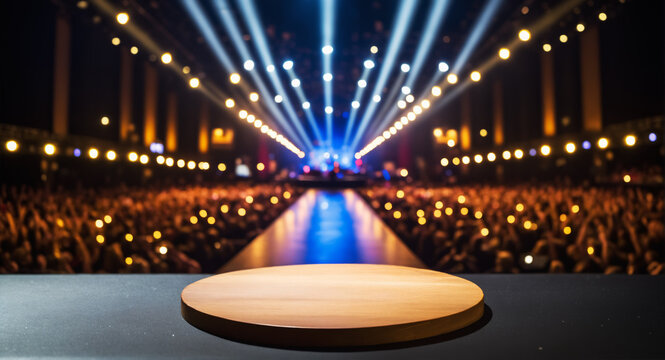 Wooden surface with a blurred concert lights background; ideal for music-related promotions.
