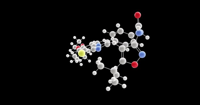 Quizartinib molecule, rotating 3D model of small molecule receptor tyrosine kinase inhibitor, looped video with alpha channel