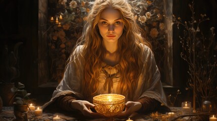 Imbolc is an ancient Gaelic traditional festival marking the beginning of spring. A girl in the image of the pagan goddess Brigid - obrazy, fototapety, plakaty