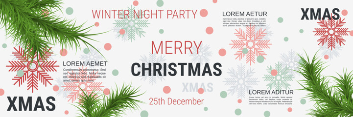 Merry Christmas and Happy New Year minimalistic style vector banner template. Flat design illustration with winter style elements