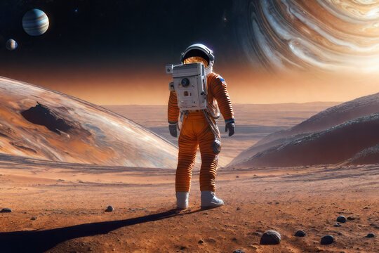 Astronaut on planet mars, the concept of space exploration and colonisation of mars, generated by artificial intelligence