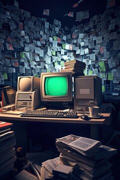 A 90's tech office with boxy computer monitors, floppy disks scattered on desks