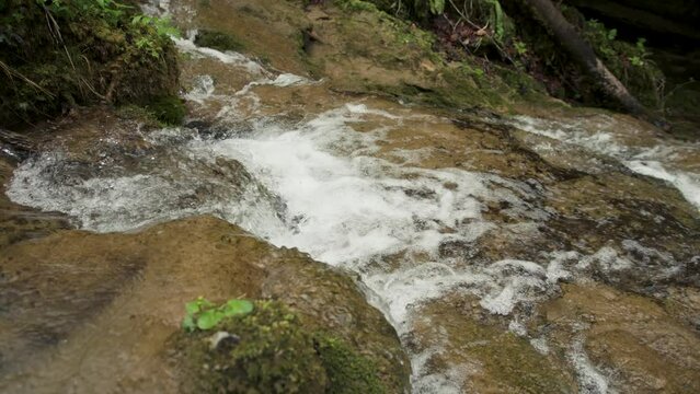 Close-up of a gurgling stream surrounded by rocks.