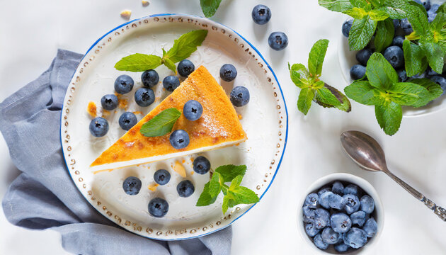 Cheesecake with blueberries and mint