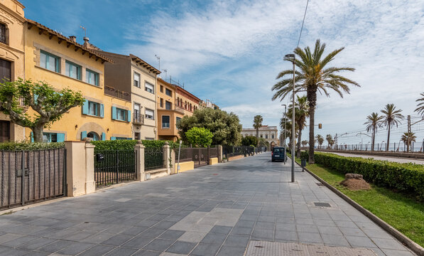 Embankment with palms and old buildings in Vilassar de Mar