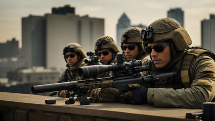 A military sniper team positioned on a rooftop, taking aim at a distant target in an urban environment. - obrazy, fototapety, plakaty