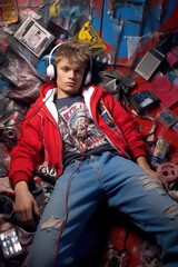Fototapeta na wymiar A teenager in a 90's bedroom, lying on a graffiti-inspired bedspread, listening to retro nostalgic music on headphones