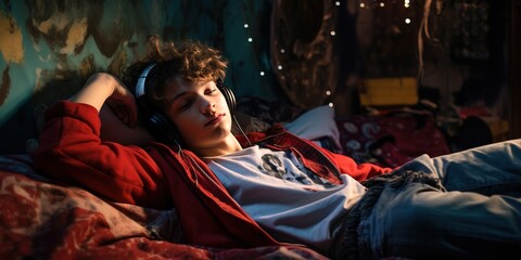 A teenager in a 90's bedroom, lying on a graffiti-inspired bedspread, listening to retro nostalgic music on headphones