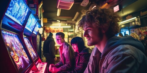 An arcade scene with youths playing on 90's arcade cabinets under fluorescent lights, retro theme