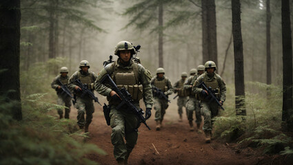 A modern infantry squad advancing through a dense, wooded area, using advanced tactical gear. - obrazy, fototapety, plakaty