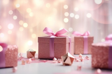 Christmas gift boxes with pink bokeh lights for a holiday abstract background. Shiny New Year...